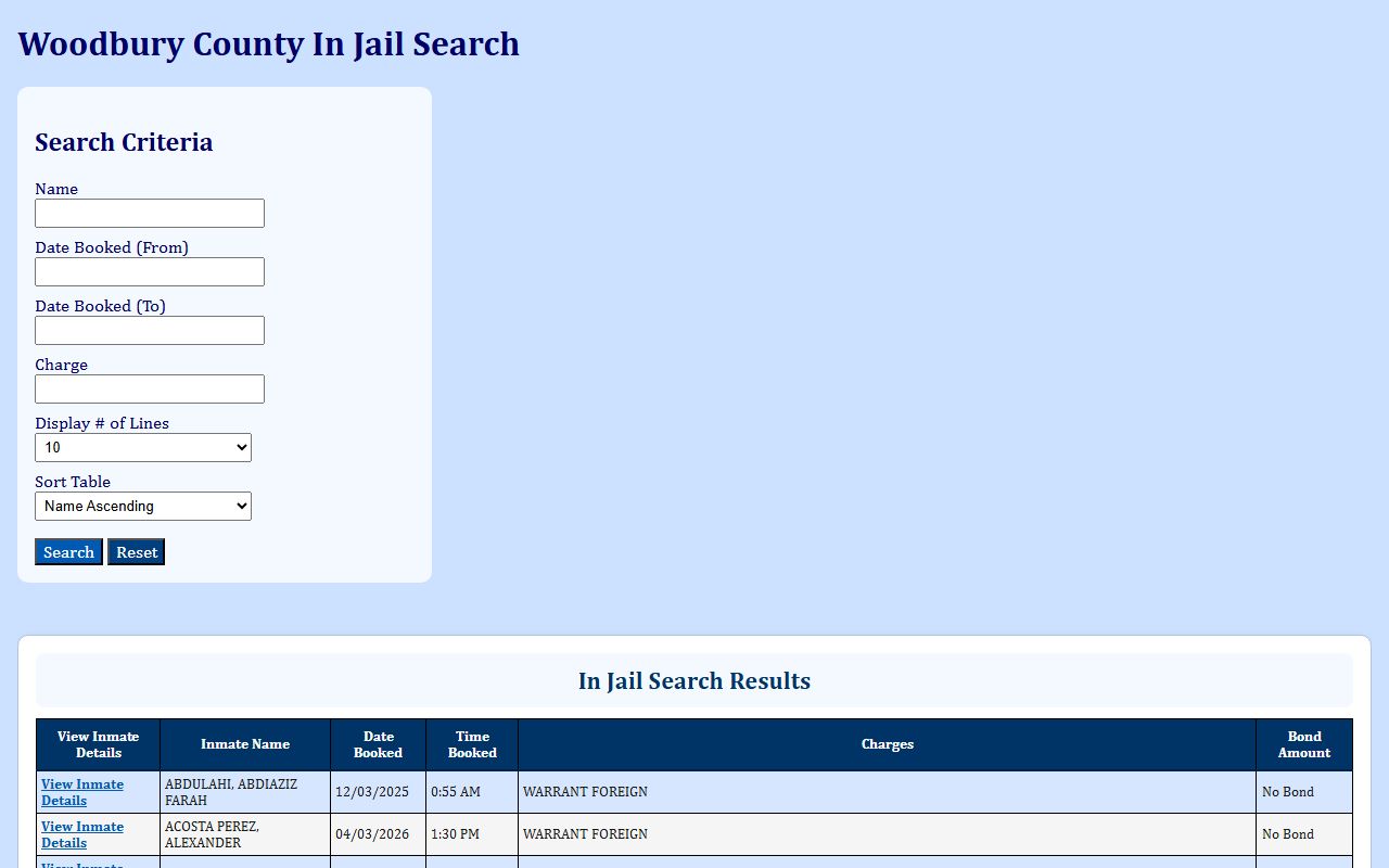 Woodbury County inmate population jail roster search form