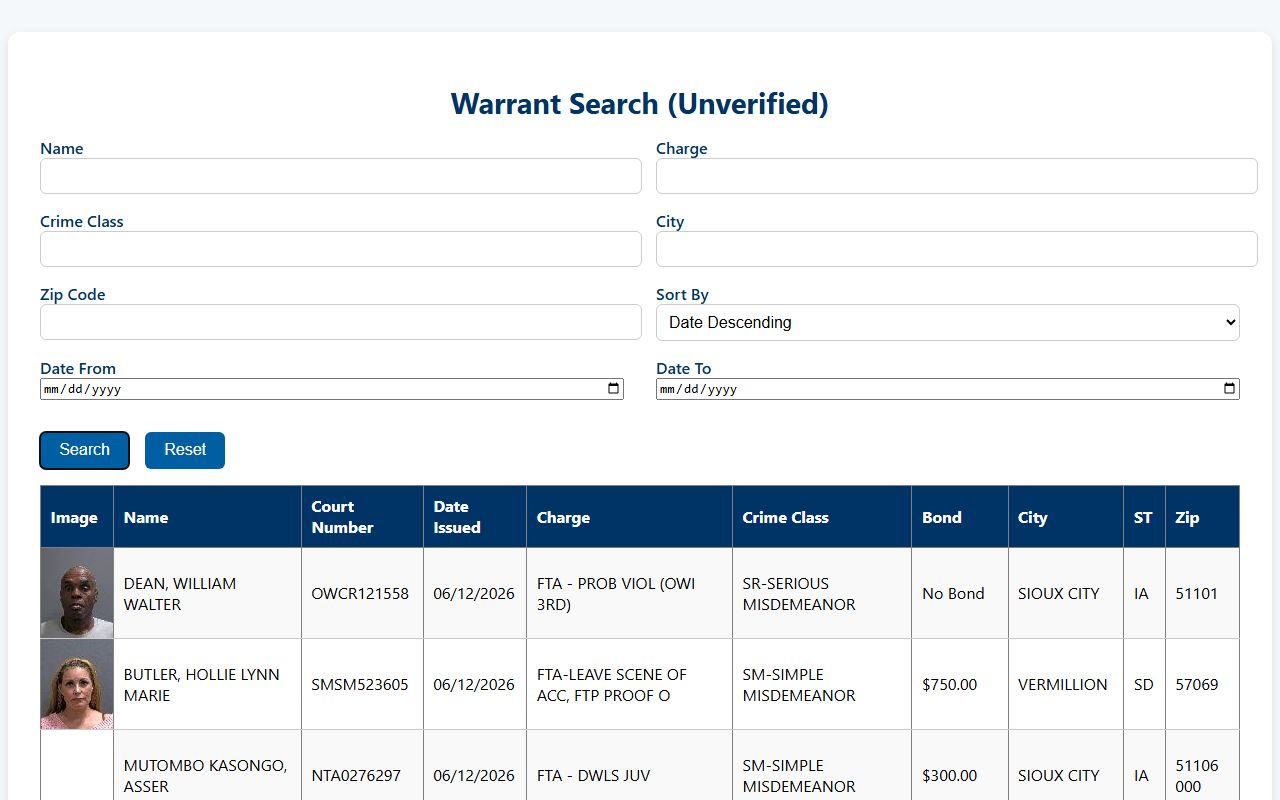 Woodbury County jail mugshots warrant photo search table